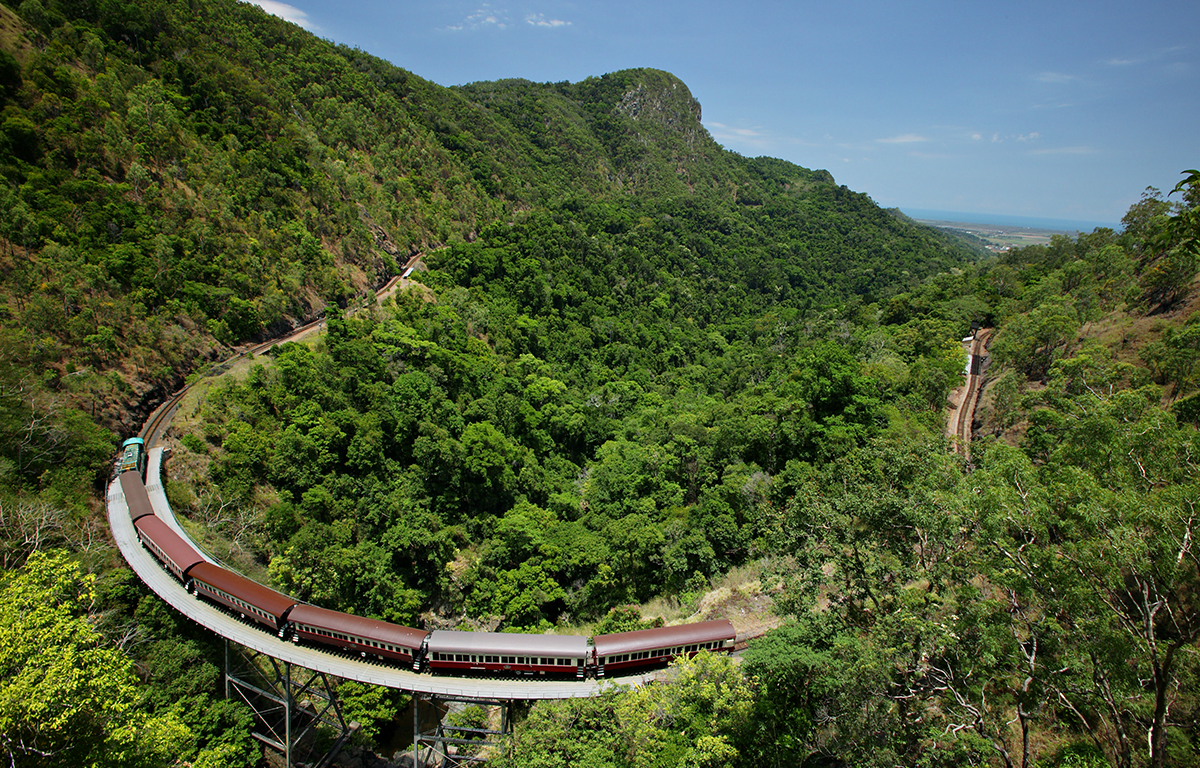 Kuranda train winding its way through dense tropical rainforest in the mountains west of cairns