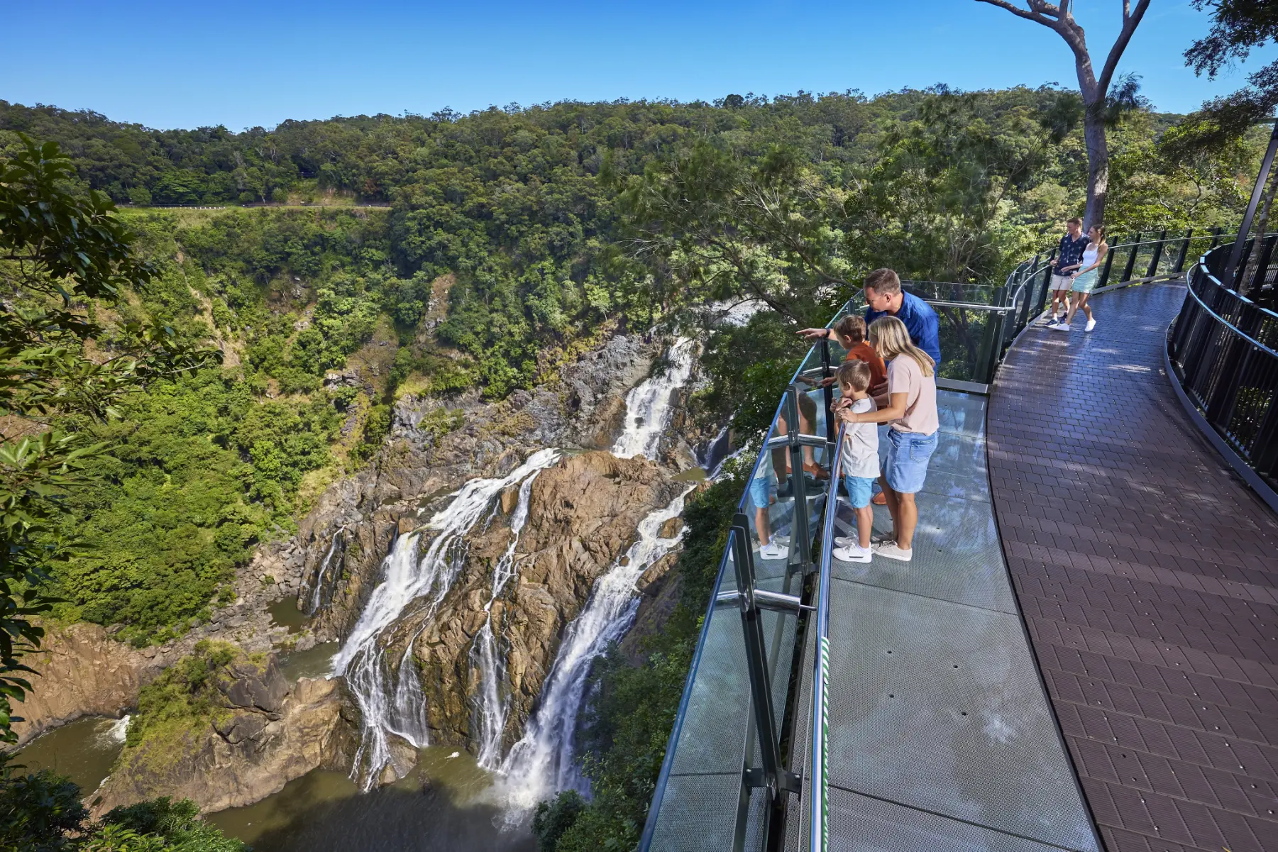 family of 4 stands up against the glass railing of the Edge lookout, looking up the Barron Gorge