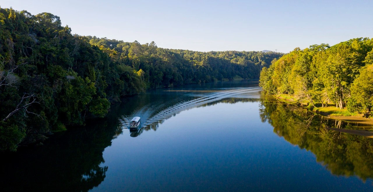 Kuranda riverboat cruising in the middle of the barron river with rainforest on either side reflecting on the water