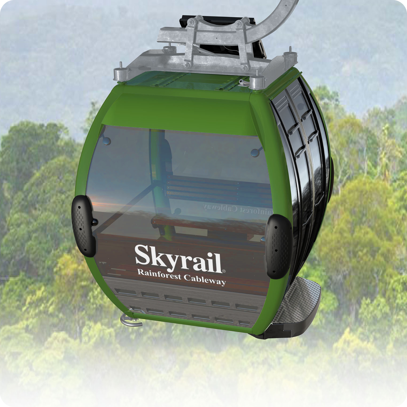 Artisits impression of new rainforest green Skyrail gondolas with floor to ceiling windows and large skyrail logo printed near the bottom