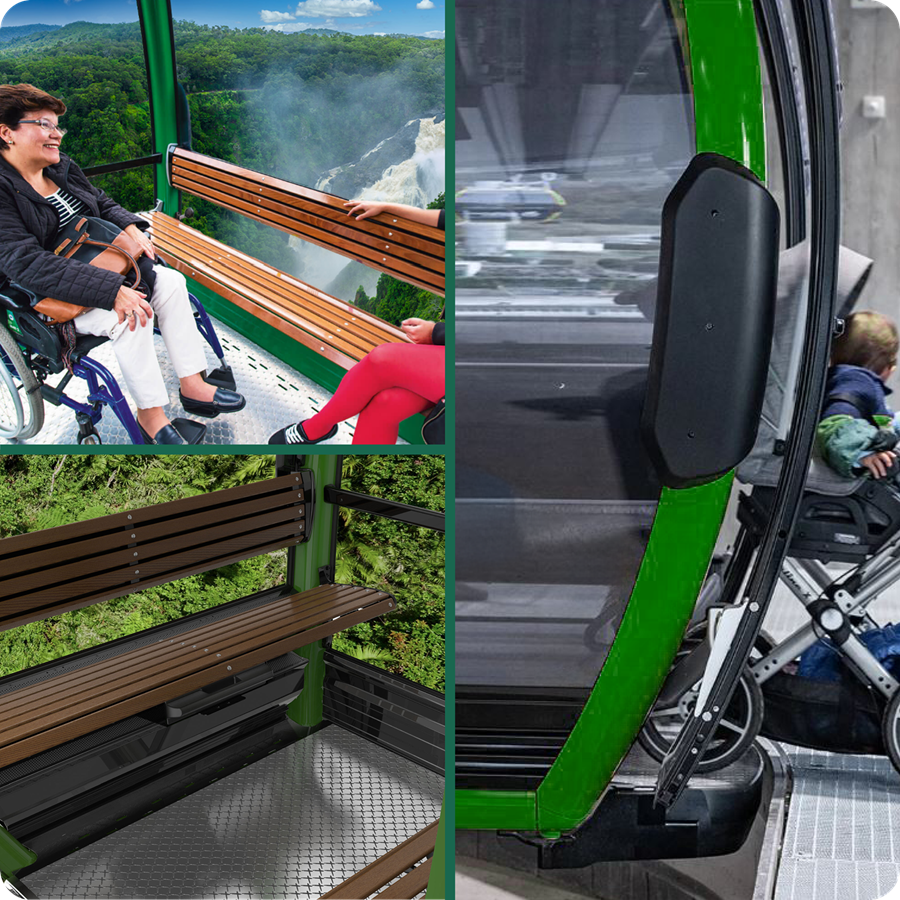 collage of three images showing accessible folding seats inside the gondolas as well as level access and step free boarding.